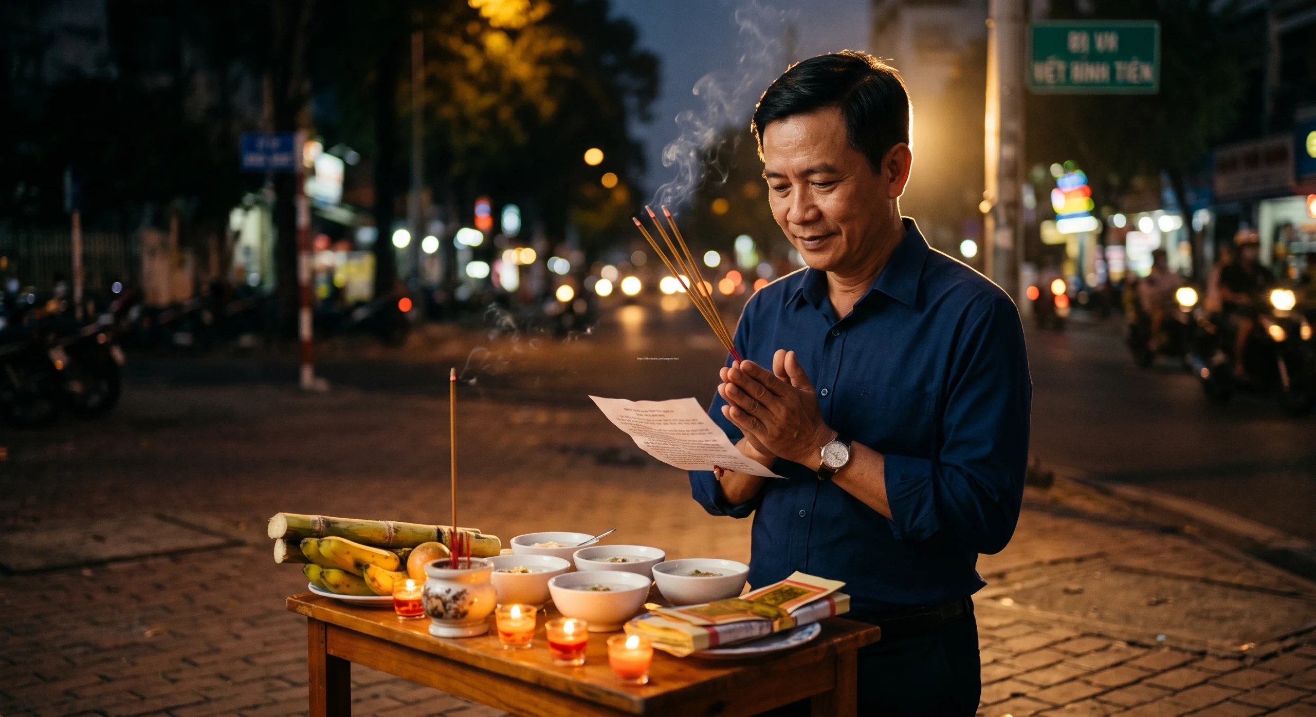 Cúng Cô Hồn: Hướng Dẫn Cách Bày Mâm Cúng & Khấn Chuẩn 2026 3 Gia chủ thắp 3 cây nhang và trang nghiêm đọc bài văn khấn cúng cô hồn hàng tháng chuẩn nhất.