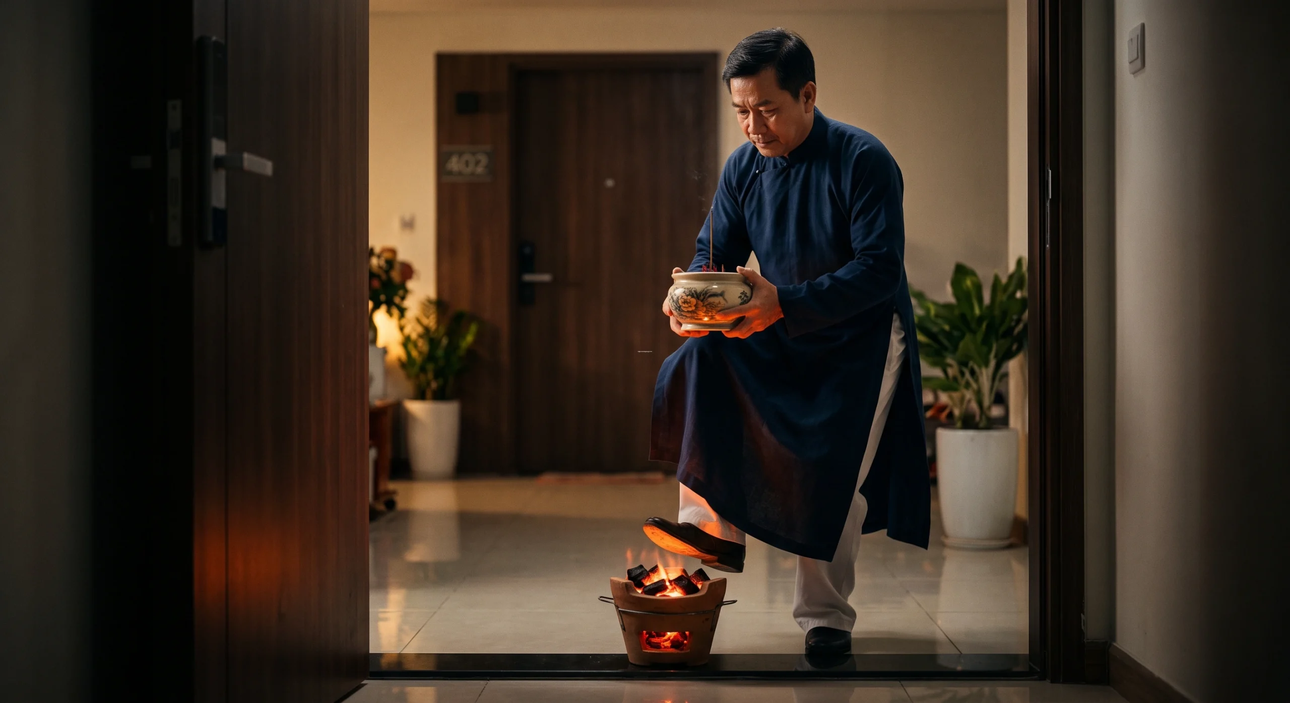 Hướng dẫn gia chủ nam ôm bát hương bước qua lò than đỏ rực để tiến vào cửa chính trong ngày cúng nhập trạch.