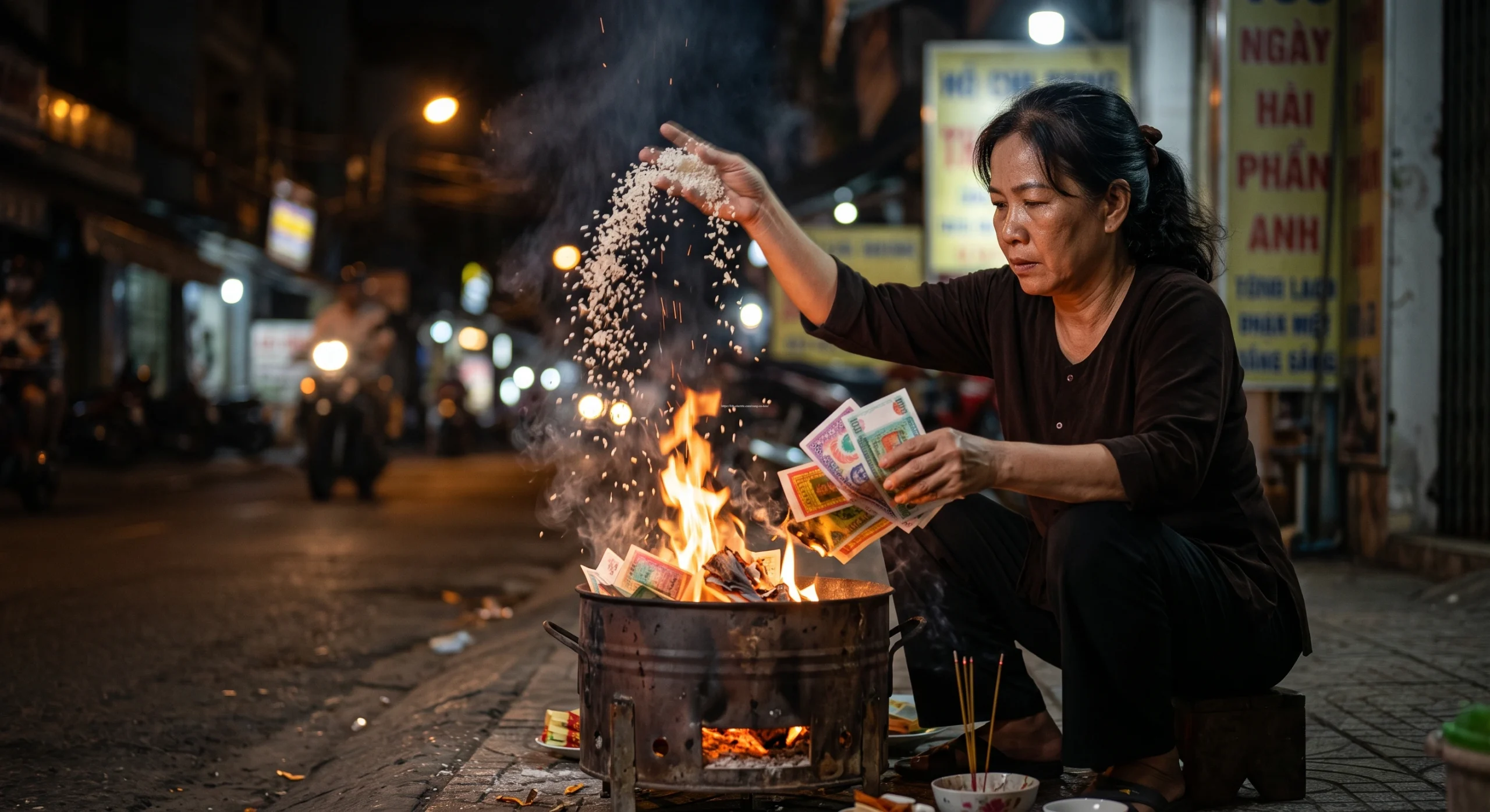 Cúng Cô Hồn: Hướng Dẫn Cách Bày Mâm Cúng & Khấn Chuẩn 2026 4 Hướng dẫn quy trình hóa vàng mã giấy tiền âm phủ và rải muối gạo 8 hướng để xua đuổi tà khí.
