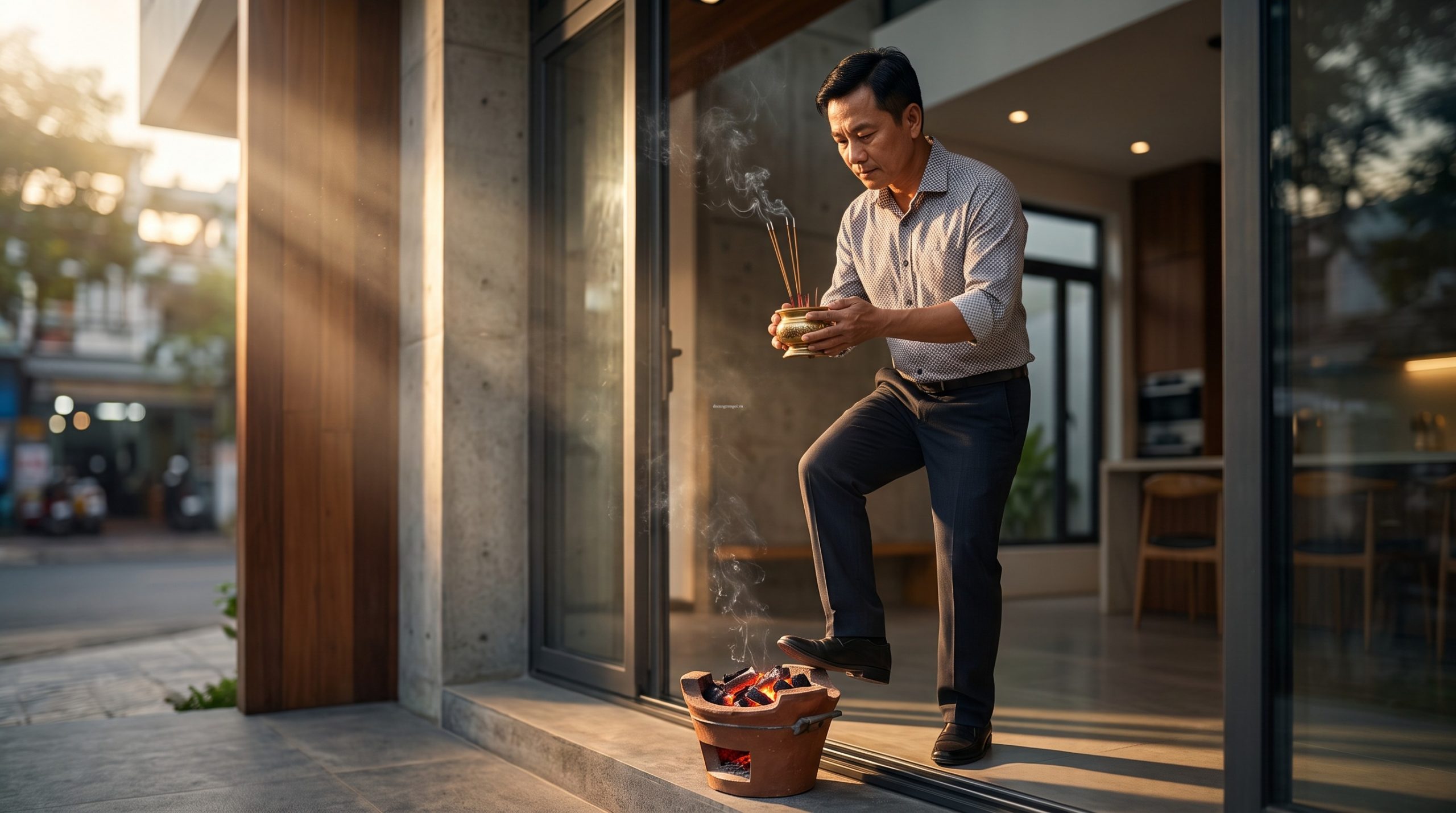 Hướng Dẫn Cúng Về Nhà Mới (Nhập Trạch) Chuẩn Phong Thủy 2026 4 Hướng dẫn các bước cúng khi chuyển nhà: Gia chủ bê bát hương bước qua lò than đỏ lửa để tẩy trần tà khí.