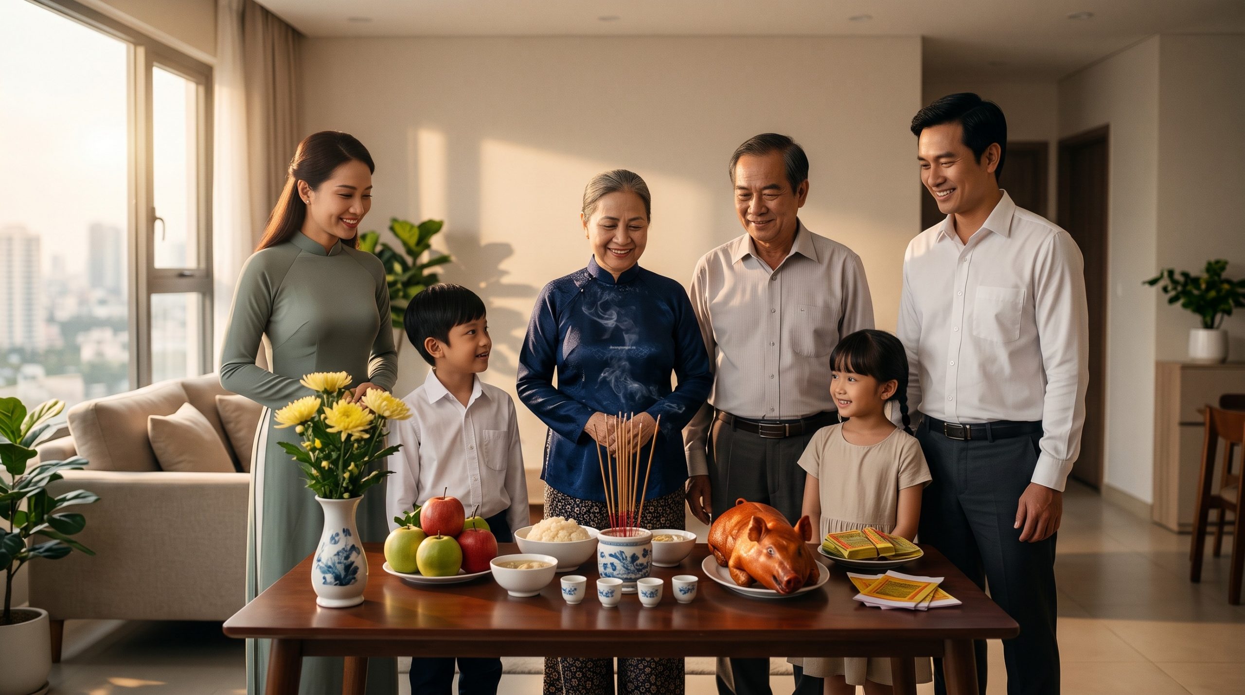 Hướng Dẫn Cúng Về Nhà Mới (Nhập Trạch) Chuẩn Phong Thủy 2026 1 Lễ nhập trạch: Mâm cúng nhà mới trọn gói và gia đình đang chuẩn bị nghi thức chuyển nơi ở để đón sinh khí.