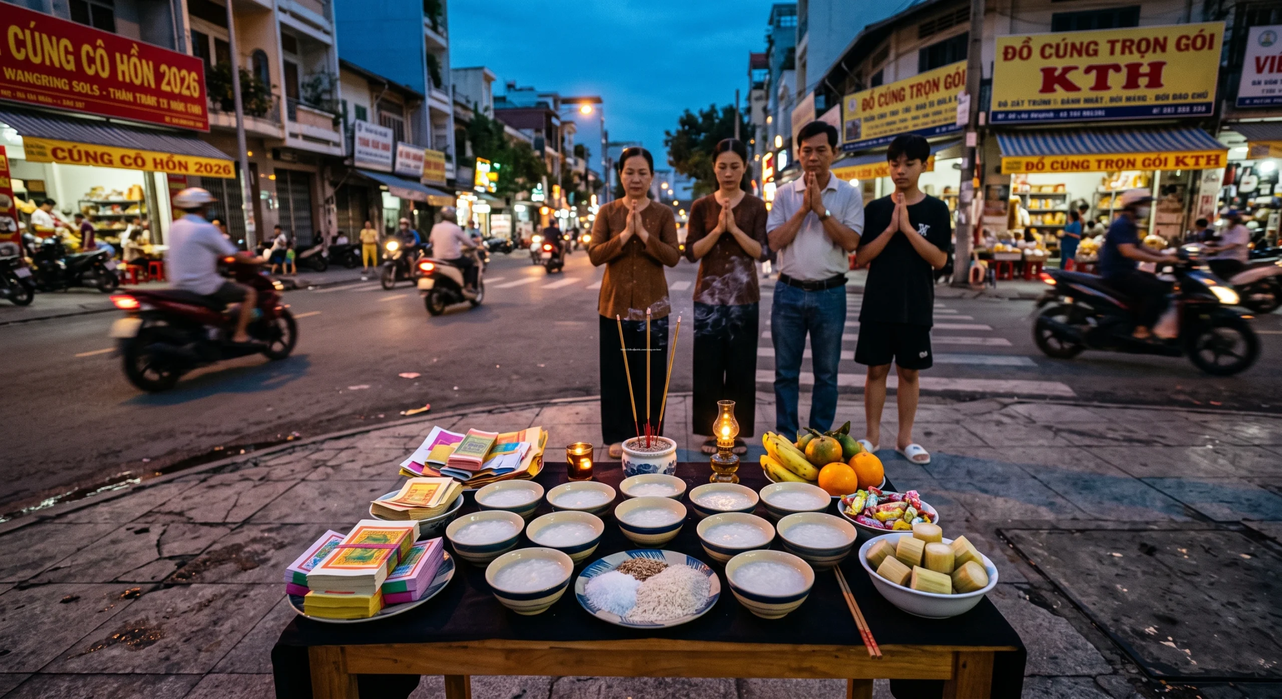 Cúng Cô Hồn: Hướng Dẫn Cách Bày Mâm Cúng & Khấn Chuẩn 2026 1 Mâm cúng cô hồn mùng 2 và 16 âm lịch chuẩn nhất với 12 chén cháo trắng loãng và dĩa muối gạo đặt ngoài trời.