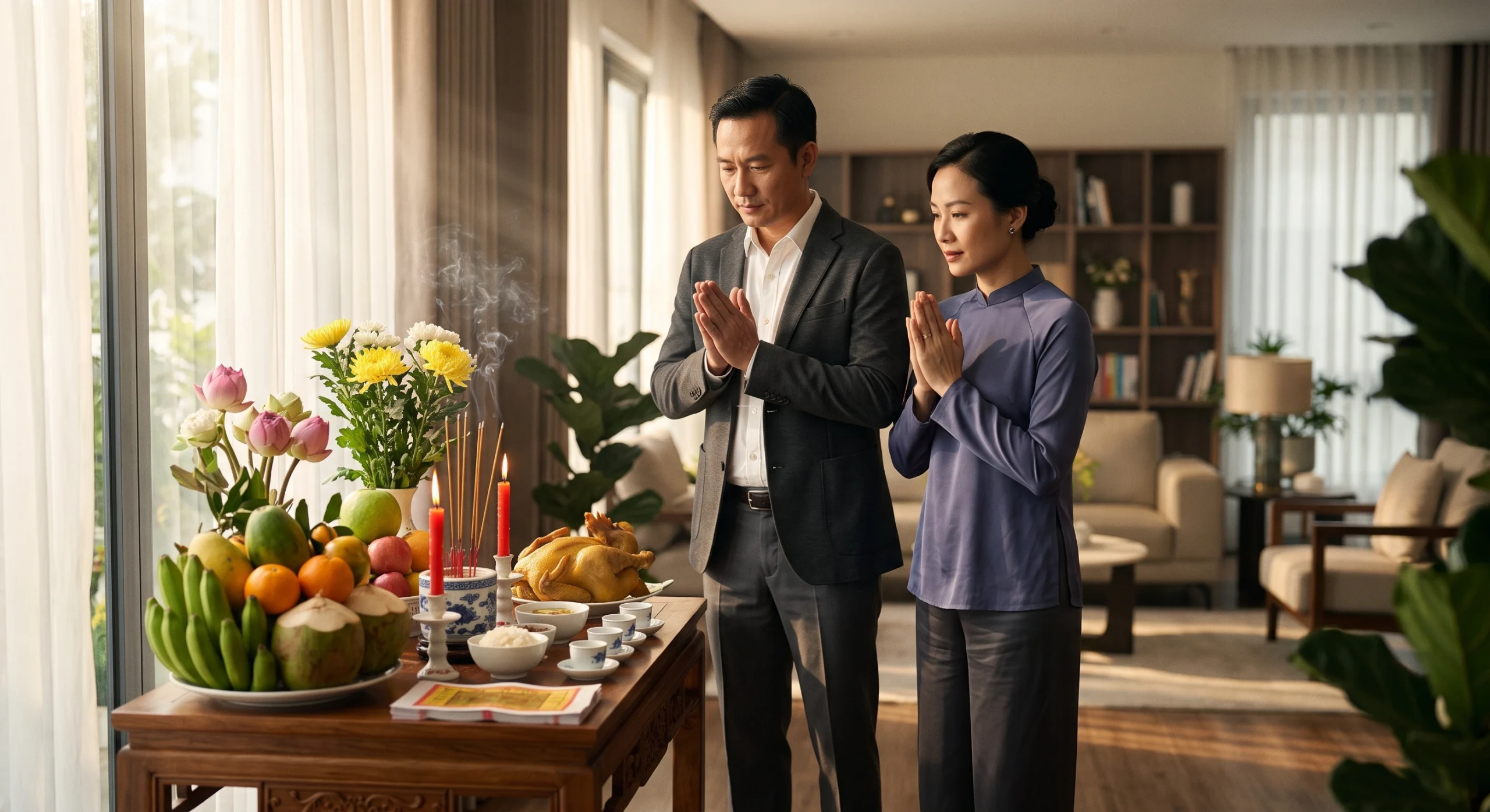 Hình ảnh gia đình đang thực hiện nghi thức lên nhà mới với mâm cúng nhập trạch chuẩn phong thủy được bày trí trang nghiêm.