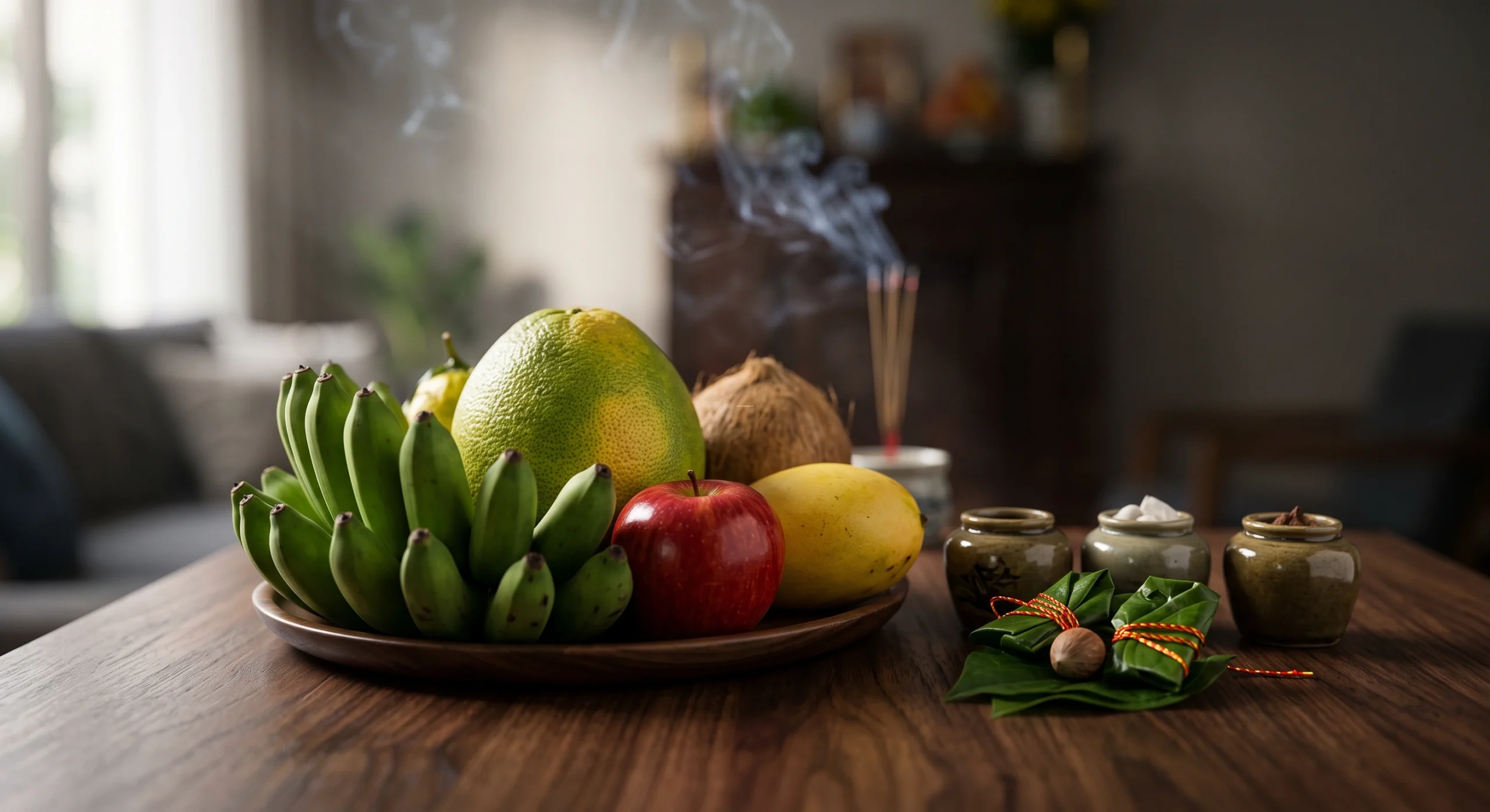 Chi tiết mâm ngũ quả cúng nhà mới gồm 5 loại trái cây tươi, đi kèm bộ ba hũ sành gạo muối nước và trầu cau têm cánh phượng.