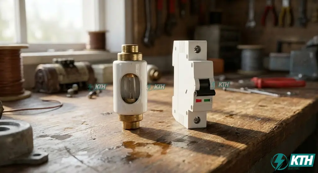 So sánh hình dáng và kích thước giữa cầu chì sứ truyền thống và Aptomat chống giật hiện đại.