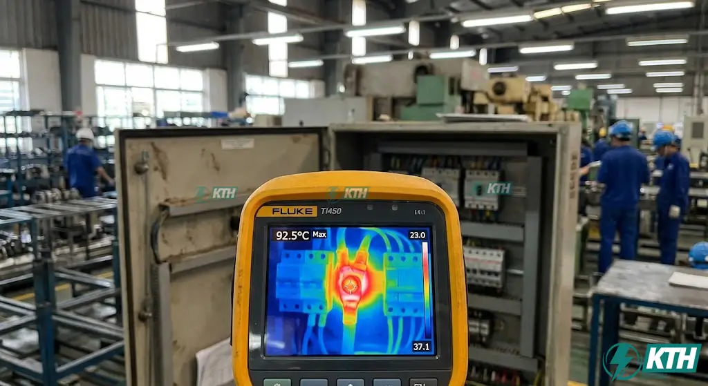 Hình ảnh nhiệt camera hồng ngoại phát hiện điểm nóng (hotspot) nguy hiểm do lỏng mối nối trong tủ điện công nghiệp tại nhà máy.