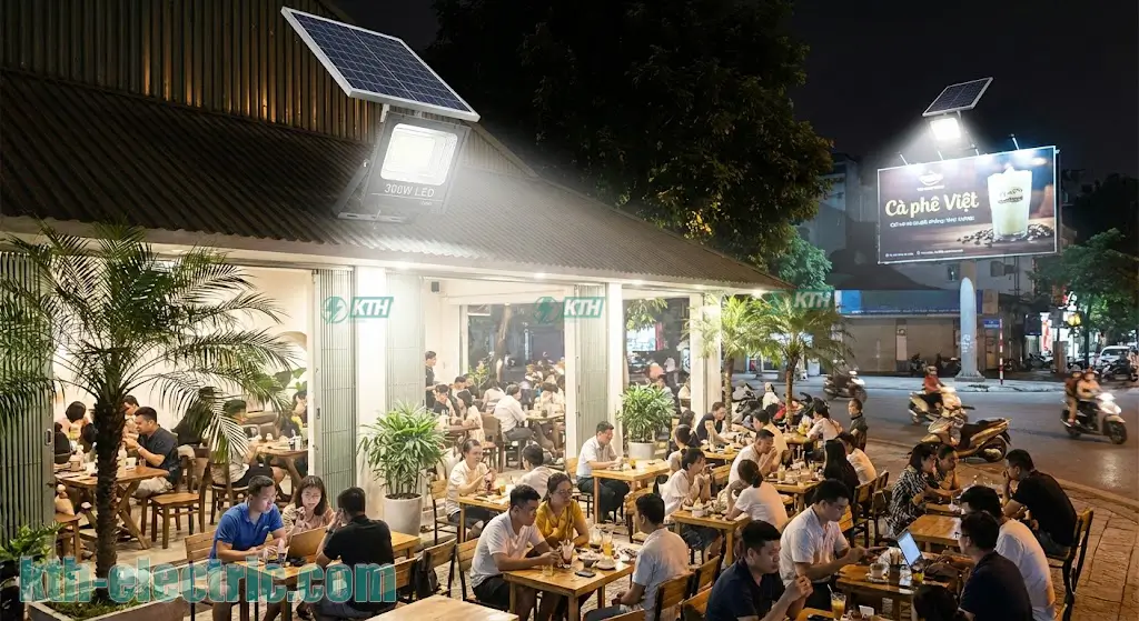 Đèn pha năng lượng mặt trời 300W chiếu sáng toàn bộ sân vườn rộng không góc chết.