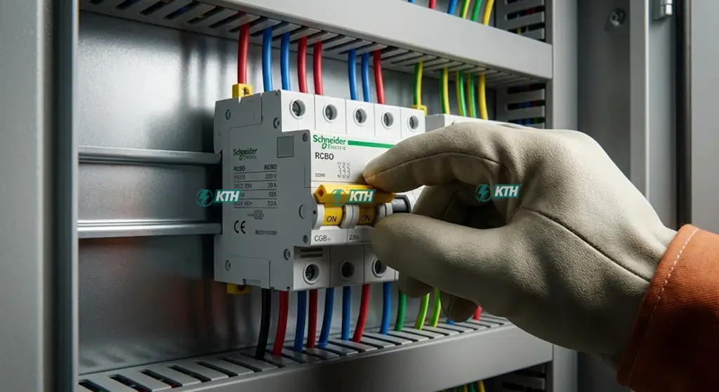 Kỹ thuật viên KTH Electric lắp đặt Aptomat chống dòng rò (RCBO) và quá tải cho tủ điện điều khiển biển hiệu quảng cáo ngoài trời.