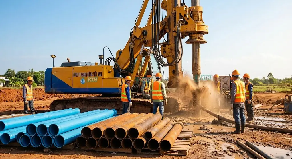 Dàn máy khoan giếng công nghiệp hiện đại đang thi công tại nhà máy với quy mô lớn.