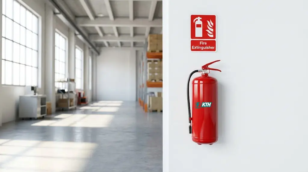 Bình chữa cháy được bố trí đúng quy định tại hành lang kho hàng theo tiêu chuẩn TCVN 3890:2023.