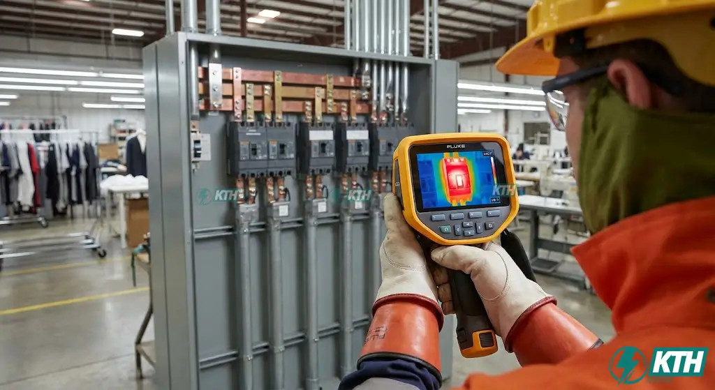 Kỹ sư điện sử dụng camera nhiệt để quét điểm nóng quá nhiệt trong tủ điện tổng MSB tại nhà máy may.