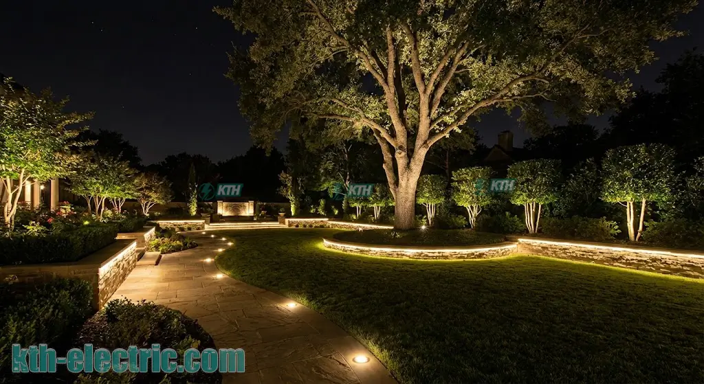 Sơ đồ phân tầng ánh sáng sân vườn: Kết hợp đèn âm đất (IP67), đèn trụ và đèn hắt cây (Spotlight) để tạo chiều sâu 3D cho không gian ngoại thất.