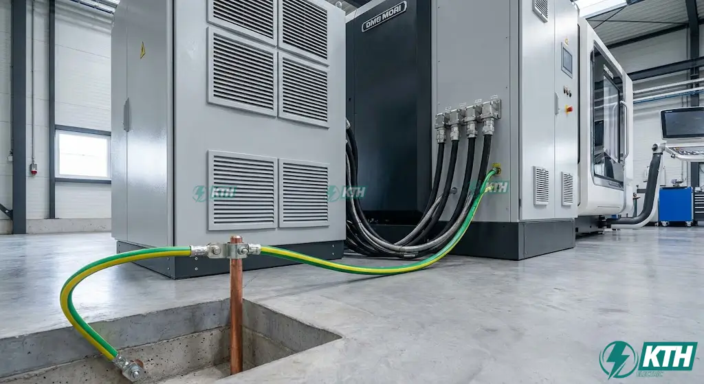 Máy CNC cao cấp được cấp nguồn qua tủ biến áp cách ly 3 pha và hệ thống tiếp địa kỹ thuật riêng biệt để chống nhiễu xung điện.