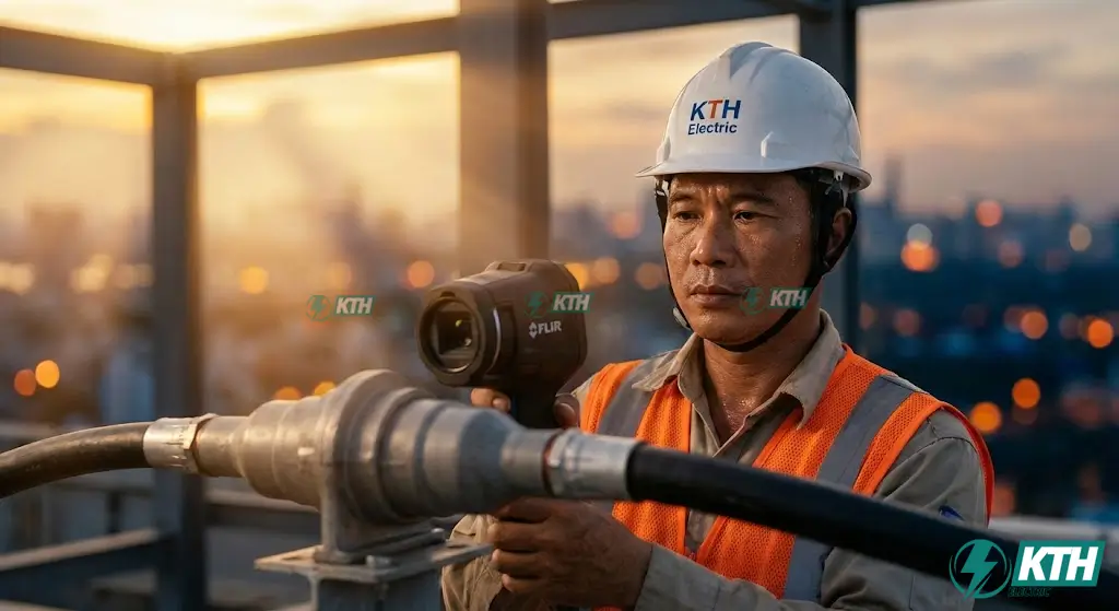 Kỹ sư điện KTH Electric đang kiểm tra nhiệt độ mối nối cáp điện trên mái nhà xưởng tại TPHCM dưới điều kiện biên độ nhiệt lớn lúc hoàng hôn.