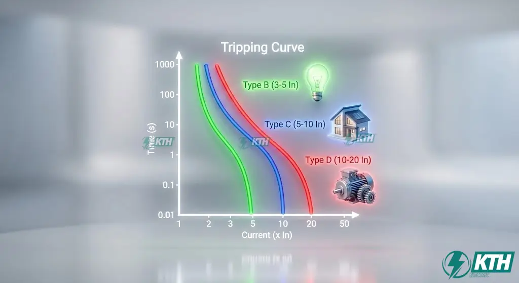 Biểu đồ so sánh đường cong đặc tính ngắt của Aptomat loại B, C và D, giúp người dùng chọn đúng loại át cho đèn, gia đình hoặc động cơ công nghiệp.