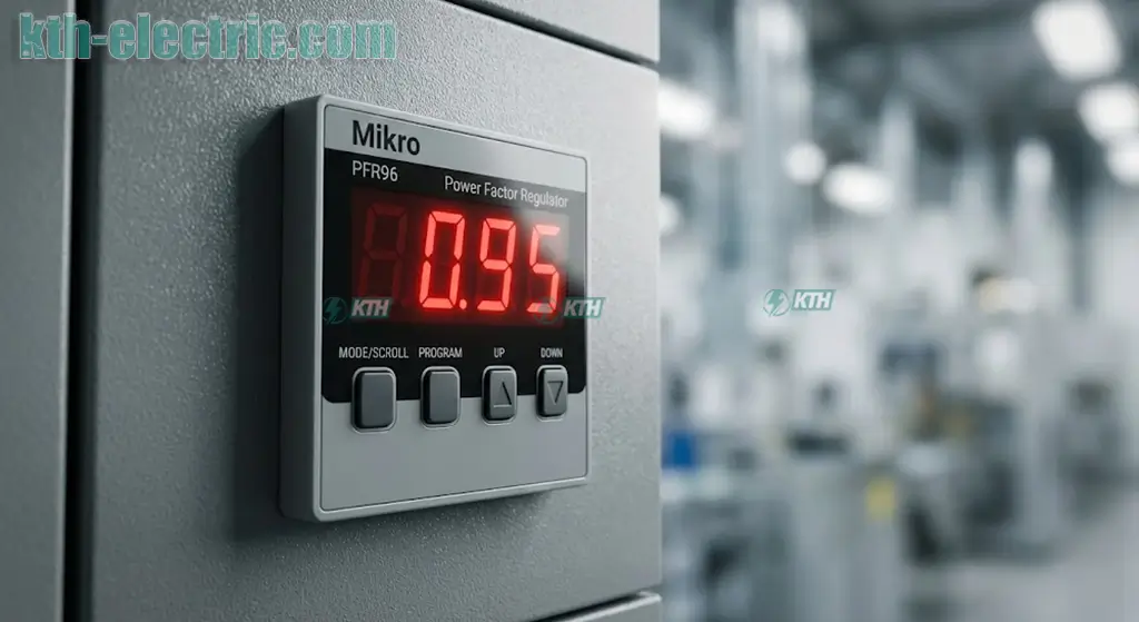 Hướng Dẫn Cài Đặt Bộ Điều Khiển Tụ Bù Mikro PFR96 & Tính C/K 1 Bộ điều khiển tụ bù Mikro PFR96 hiển thị hệ số công suất Cosphi 0.95 trên tủ điện công nghiệp.