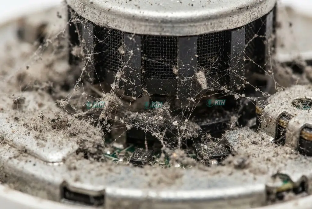 Hình ảnh cận cảnh bụi bẩn và côn trùng làm tổ trong đầu báo cháy gây báo động giả.