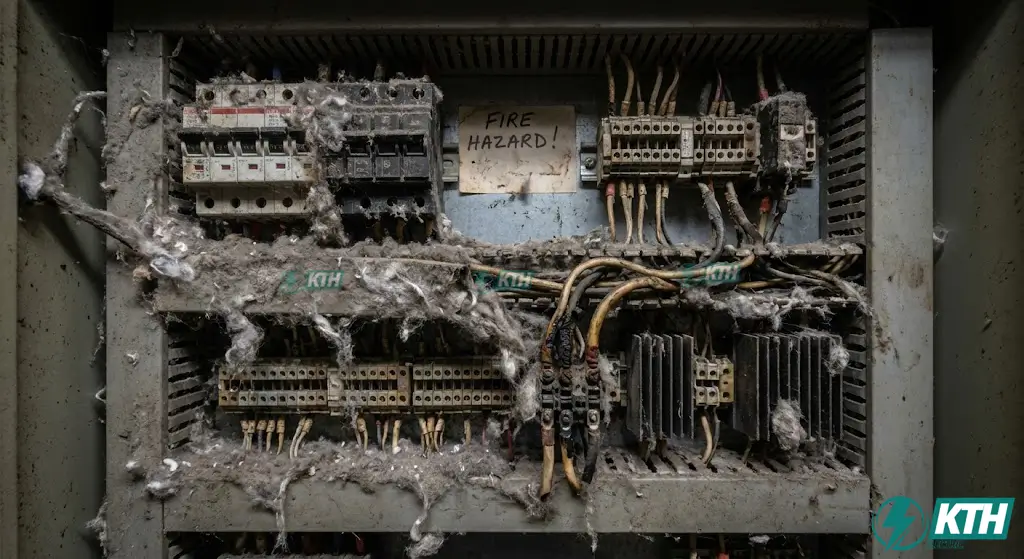 Cận cảnh bụi bông sợi vải tích tụ dày đặc trong tủ điện công nghiệp cũ gây nguy cơ chập điện và hỏa hoạn.