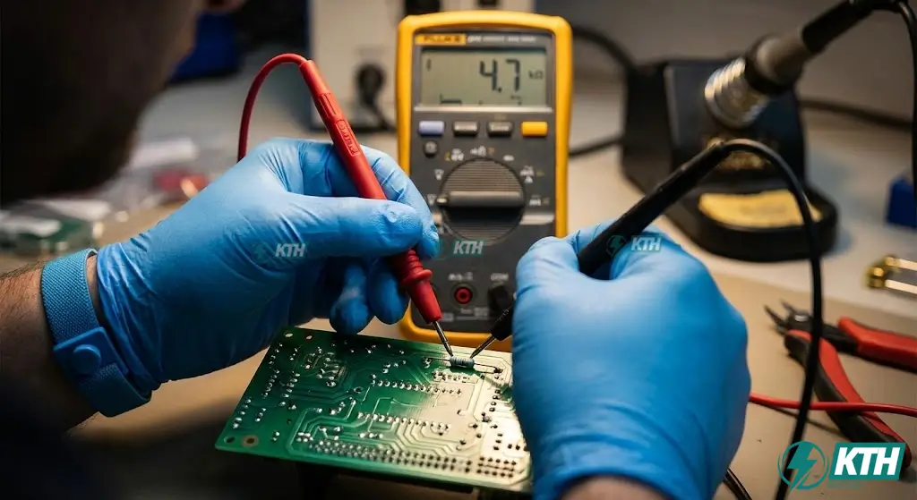 Cách dùng đồng hồ vạn năng (VOM) đo kiểm tra điện trở sống hay chết trên mạch in.