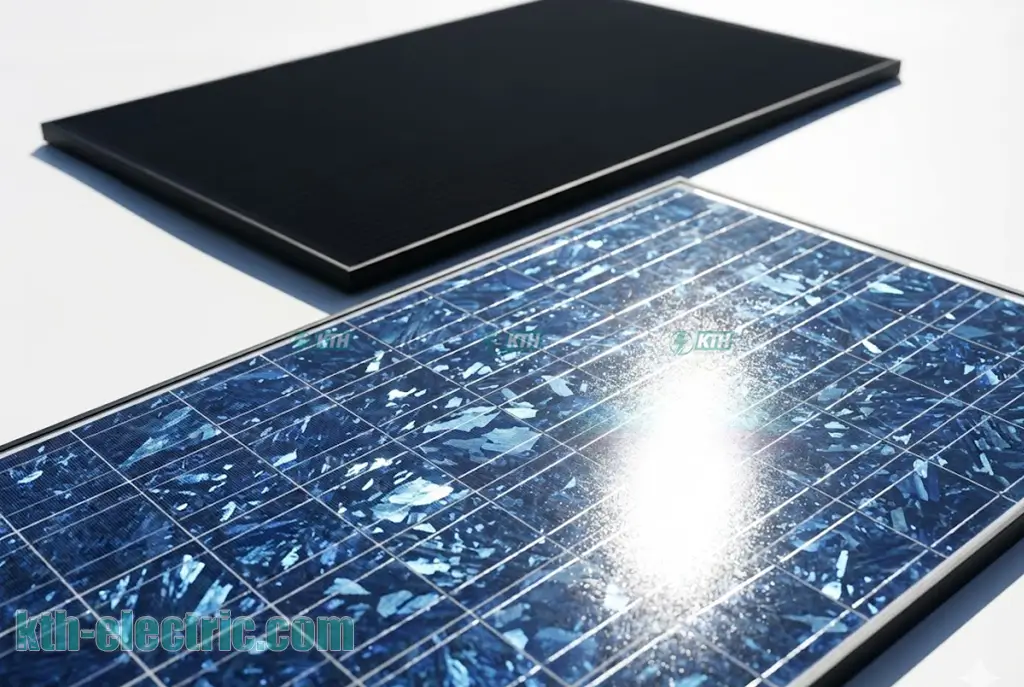 Phân Biệt Pin Mono và Poly: Nên Chọn Loại Nào Tốt Nhất 2026? 2 Cách nhận biết pin mặt trời Poly qua bề mặt vân đá màu xanh dương.