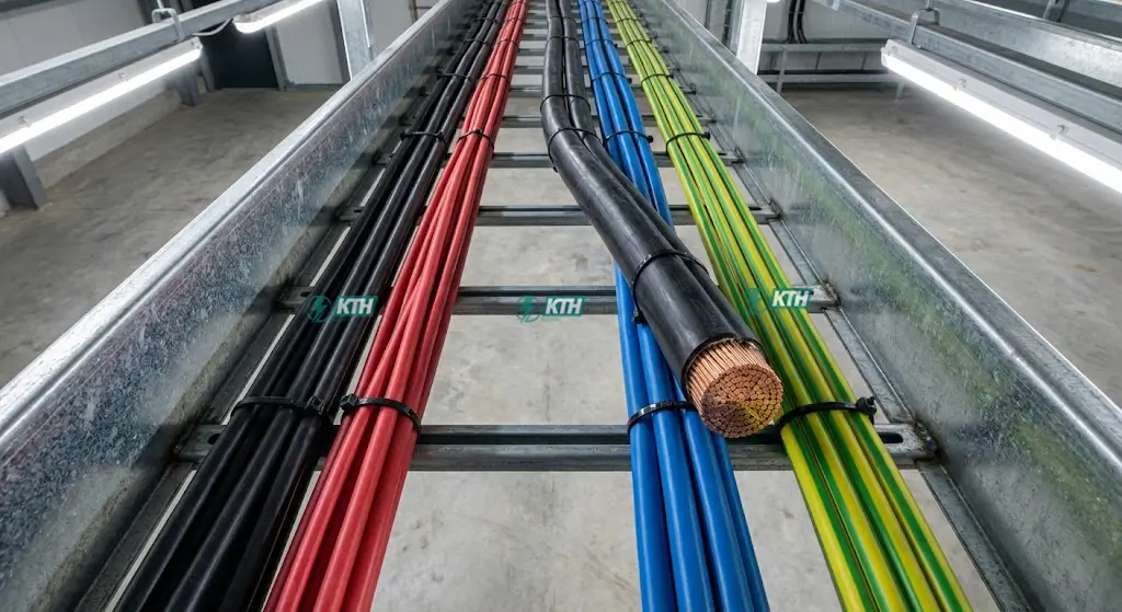 Hệ thống dây cáp điện đi trên máng cáp được tính toán tiết diện dây dẫn phù hợp với dòng tải và độ sụt áp cho phép.