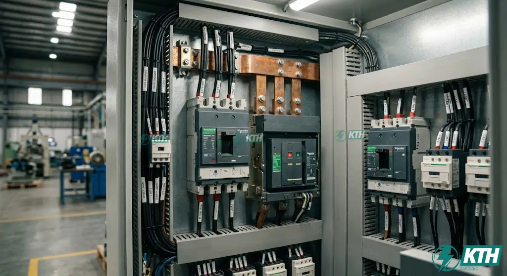 Cận cảnh bên trong tủ điện phân phối tổng MSB được đấu nối kỹ thuật cao, dây điện gọn gàng và sử dụng thiết bị đóng cắt Schneider Electric chính hãng, minh họa cho chất lượng vật tư trong báo giá.