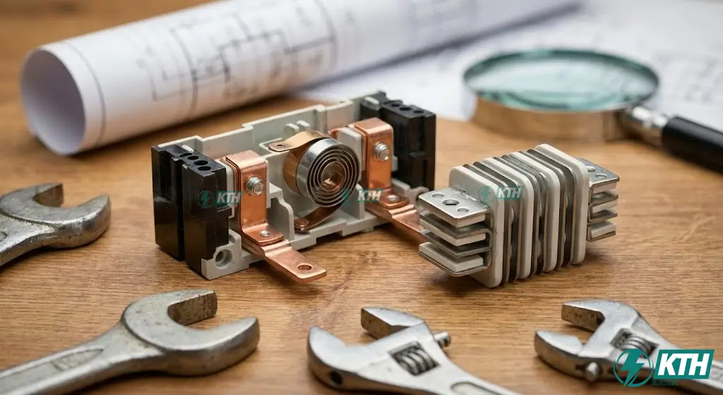 Sơ đồ cấu tạo bên trong của aptomat gồm tiếp điểm, buồng dập hồ quang và rơ le nhiệt bảo vệ quá tải.