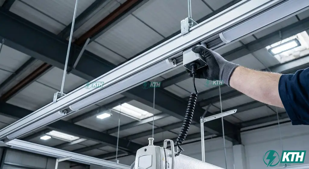 Kỹ thuật viên đang cắm hộp lấy điện vào thanh dẫn busway treo trần một cách dễ dàng tại chuyền may.
