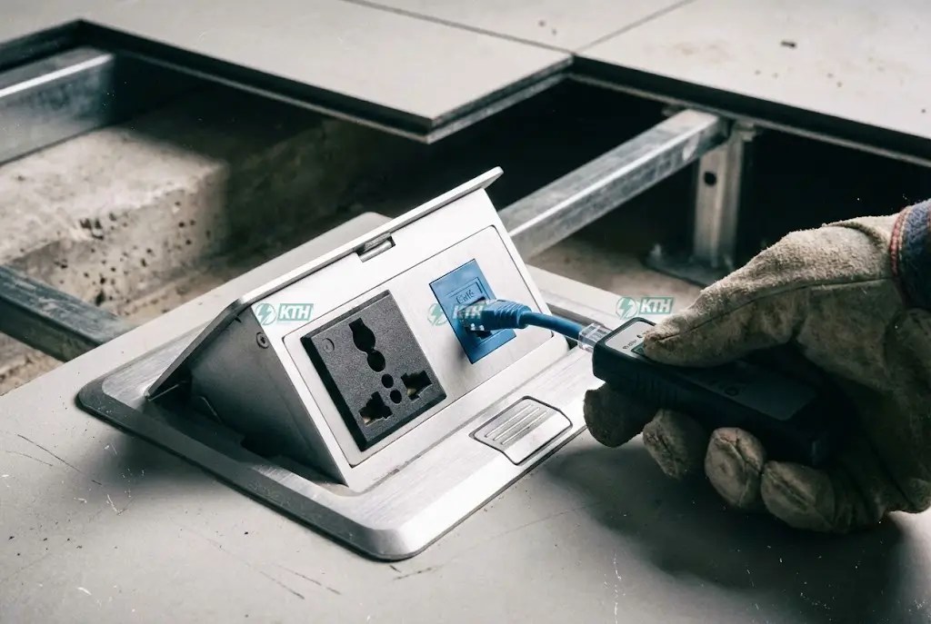 Chi tiết lắp đặt hộp ổ cắm âm sàn (Floor box) tích hợp mạng LAN và điện nguồn cho văn phòng.
