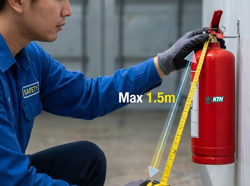 Kỹ thuật viên đo chiều cao lắp đặt bình chữa cháy tiêu chuẩn không quá 1.5m tính từ mặt sàn.