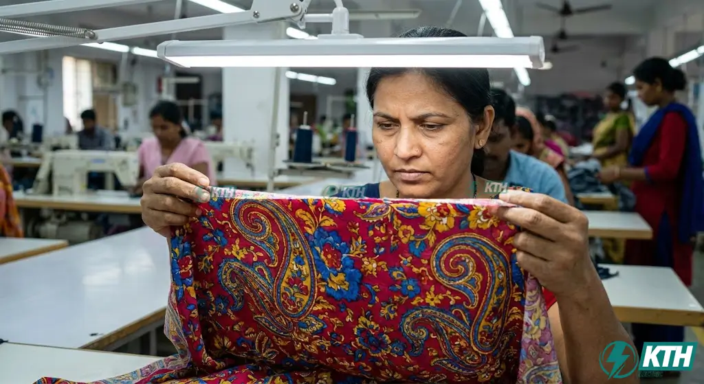 Nhân viên KCS đang kiểm tra lỗi vải dưới đèn LED chuyên dụng có chỉ số hoàn màu (CRI) cao cho ngành may mặc.