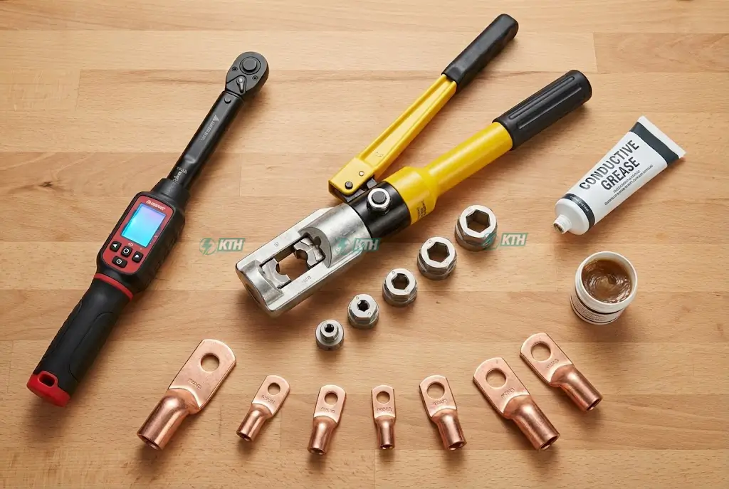 Đấu Nối Tủ Điện MSB/DB Chuẩn IEC 61439: Bảng Tra Lực Siết 2026 3 Bộ dụng cụ đấu nối tủ điện chuyên dụng: Kìm bấm cos thủy lực, cờ lê lực, mỡ dẫn điện và đầu cốt đồng.