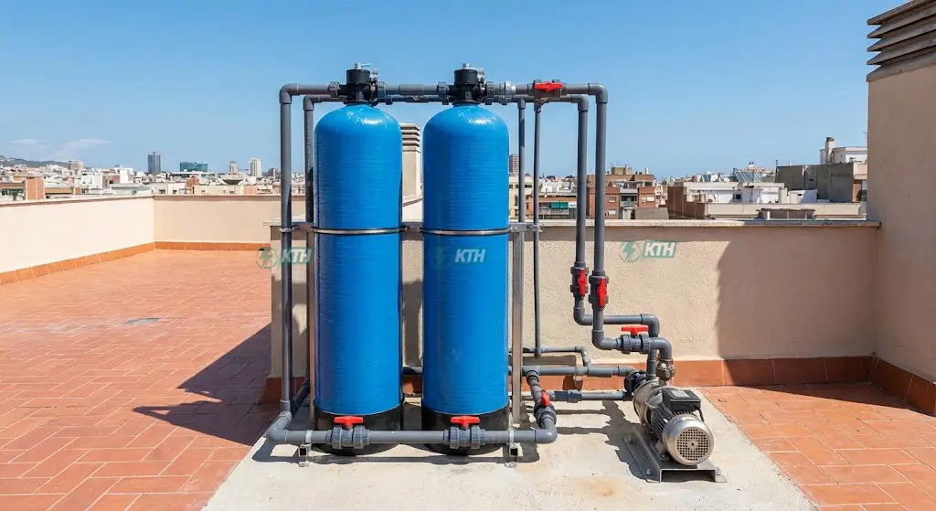 Hệ thống cột lọc nước giếng khoan Composite lắp đặt tại nhà phố.