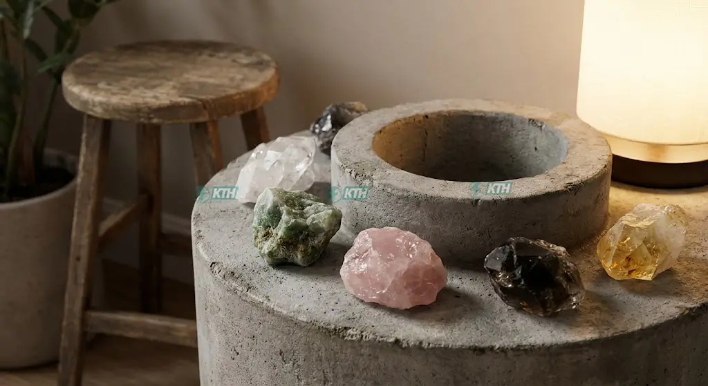 Dùng đá thạch anh ngũ sắc và nắp bê tông đúc để trấn trạch giếng khoan trong nhà.