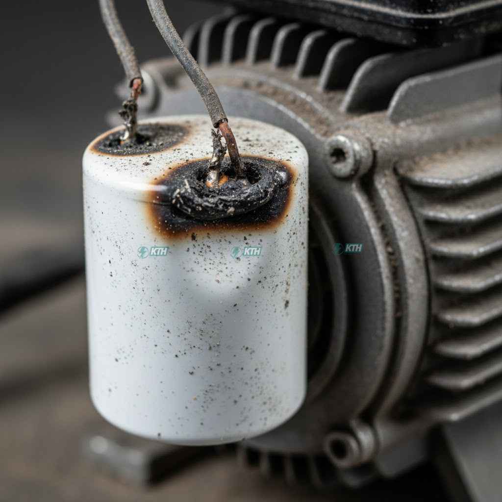 Hình ảnh tụ điện máy bơm nước bị phồng nổ và cháy khét.