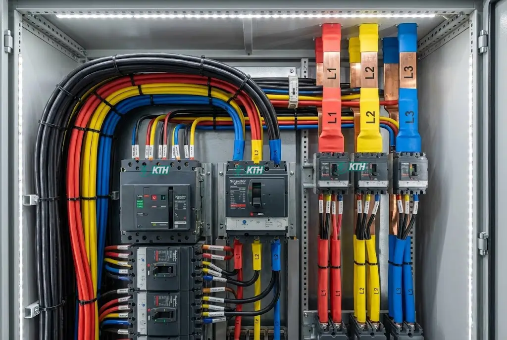 Bên trong tủ điện tổng MSB với hệ thống thanh cái đồng và dây dẫn được đấu nối gọn gàng, đánh dấu màu theo tiêu chuẩn IEC.