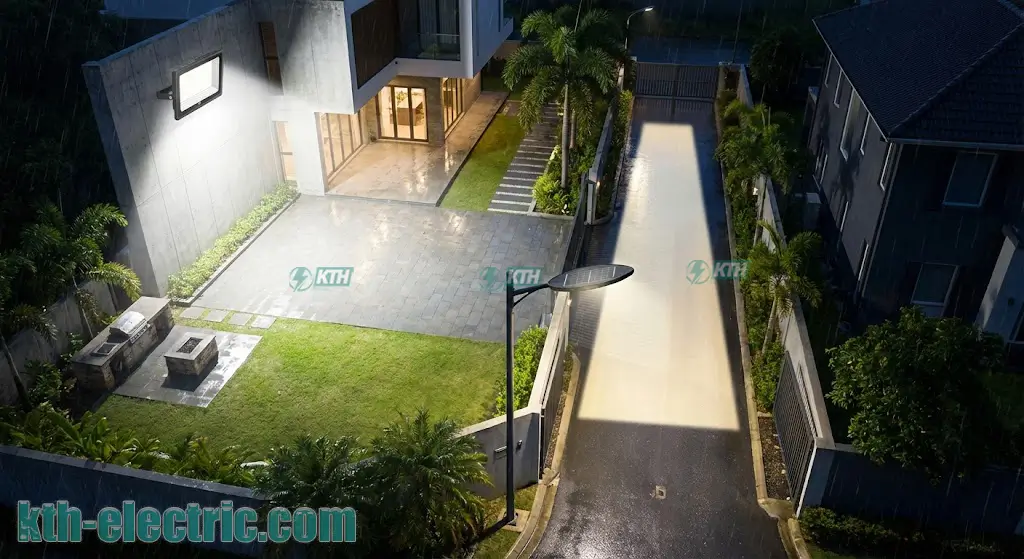 So sánh thực tế đèn pha năng lượng mặt trời chiếu sân vườn và đèn đường năng lượng mặt trời chiếu lối đi.