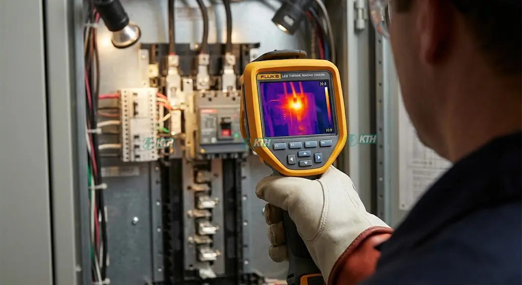 Kỹ sư cơ điện sử dụng camera nhiệt kiểm tra điểm nóng quá nhiệt trong tủ điện để bảo trì dự đoán.