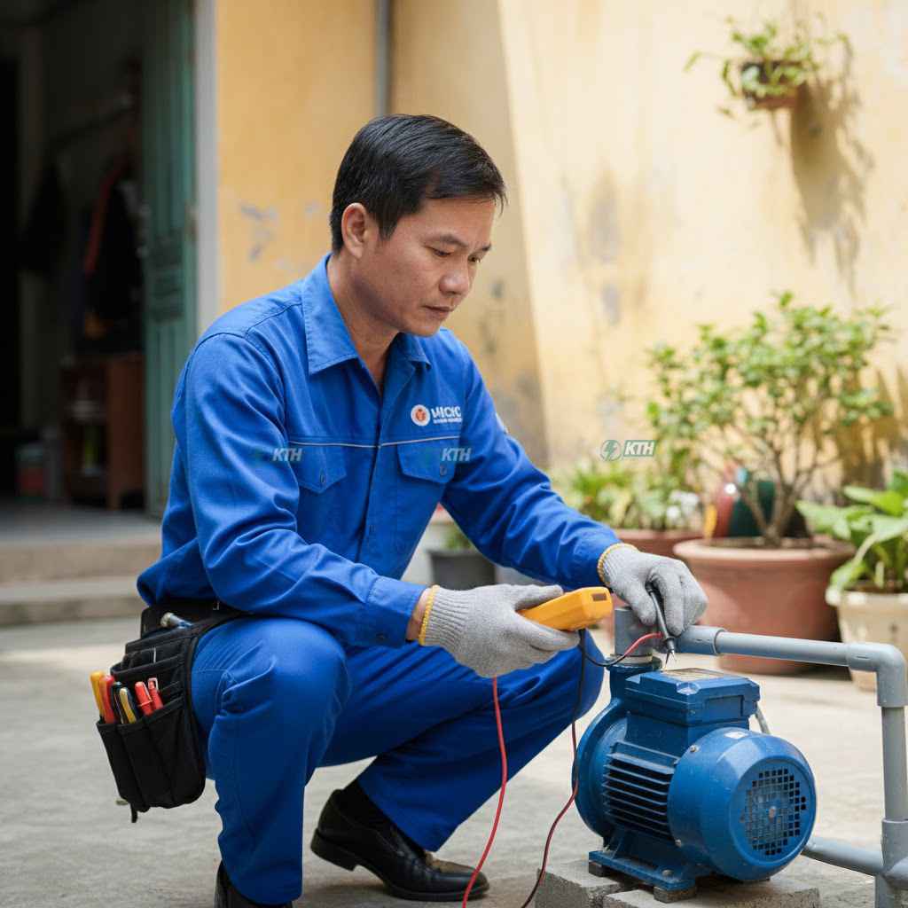 Thợ sửa máy bơm nước giếng khoan chuyên nghiệp tại TPHCM kiểm tra sự cố.