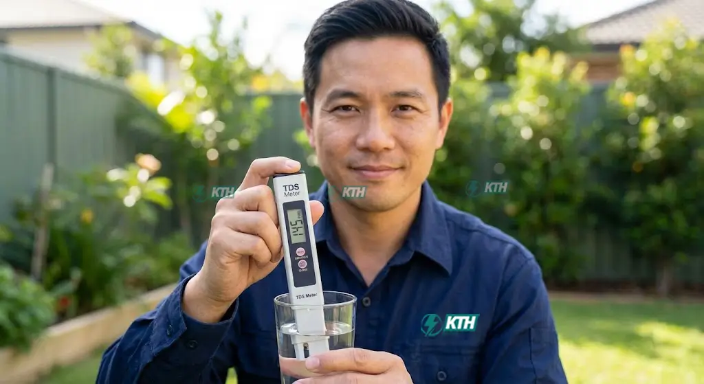 Kỹ thuật viên KTH Electric kiểm tra chỉ số TDS nguồn nước sau lọc.