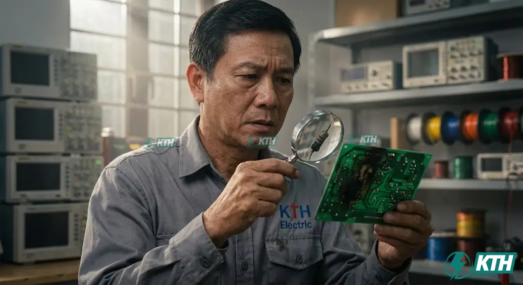 Kỹ sư điện KTH Electric đang kiểm tra bo mạch bị cháy do chọn sai công suất điện trở.