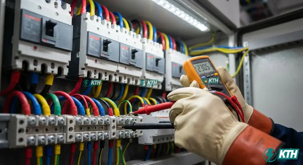 Kỹ thuật viên thực hiện đo kiểm điện áp và chạy thử nghiệm thu tủ điện phân phối MSB bằng đồng hồ đo điện đa năng.