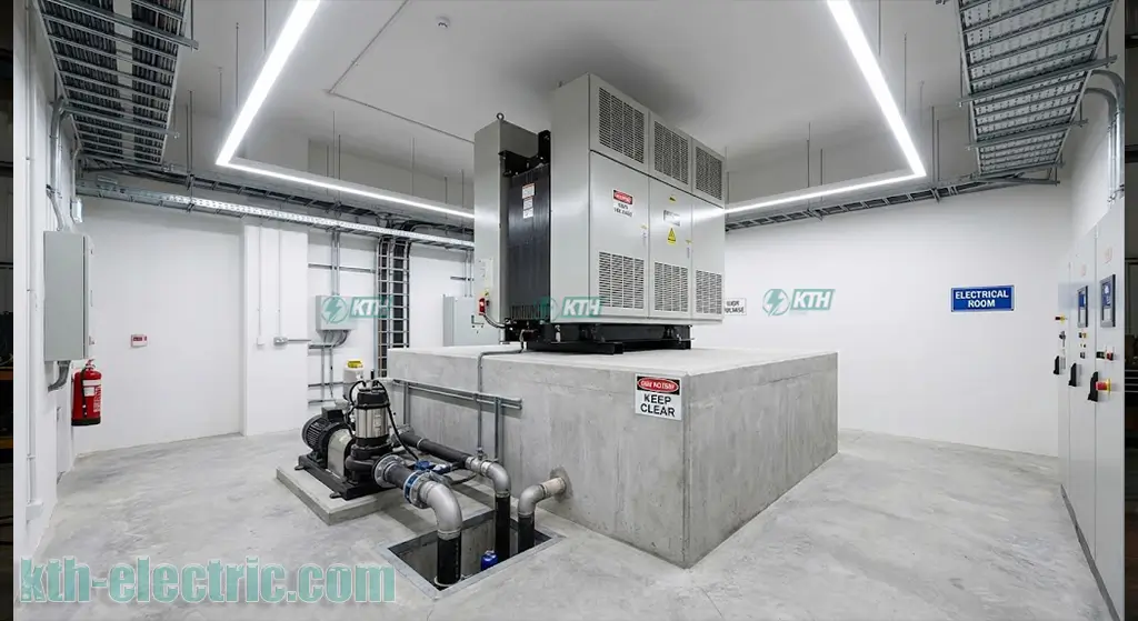 Lắp đặt máy biến áp khô trên bệ bê tông cao để phòng chống ngập lụt tầng hầm.