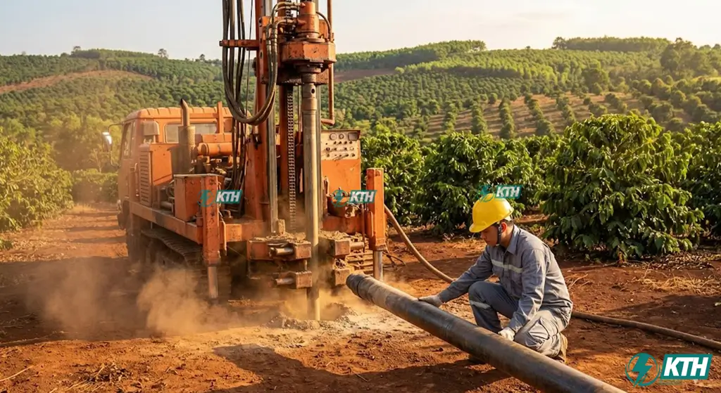 Giàn khoan giếng công nghiệp công suất lớn thi công tại rẫy cà phê đất đỏ Bazan Đắk Lắk phục vụ tưới tiêu mùa khô.