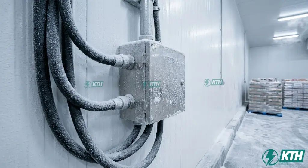 Hộp đấu nối điện inox và hệ thống cáp điện chuyên dụng chịu nhiệt độ âm sâu bị đóng băng tuyết bên ngoài trong kho lạnh thực phẩm.