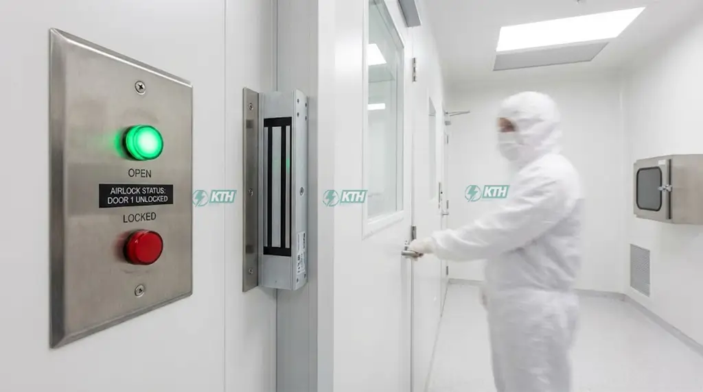 Hệ thống khóa liên động Interlock cửa phòng sạch với đèn báo tín hiệu xanh đỏ kiểm soát ra vào.