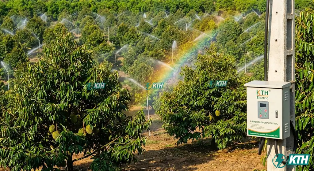 Hệ thống tưới sầu riêng tự động sử dụng nước từ giếng khoan nông nghiệp công suất lớn.