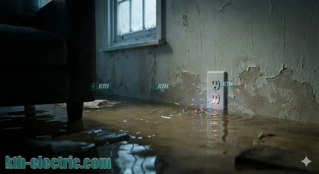 Nước lũ dâng cao ngập ổ cắm điện gây nguy cơ rò rỉ điện chết người