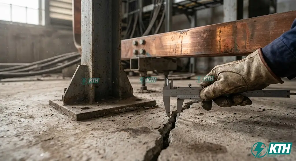 Cận cảnh vết nứt bê tông và sự co giãn của thanh cái đồng do tác động của giãn nở nhiệt và không có khe hở kỹ thuật.