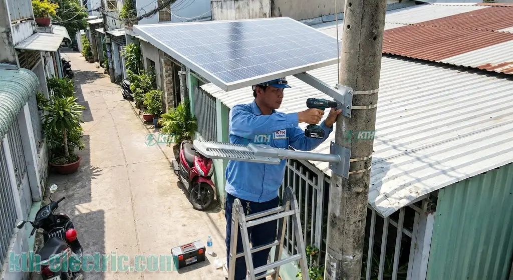 Hình ảnh lắp đặt đèn năng lượng mặt trời thực tế tại khu dân cư